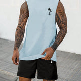 Manfinity RSRT Conjunto de camiseta sin mangas y pantalones cortos con impresion de palmeras para hombres de talla grande