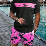 Conjunto De Camiseta De Manga Corta Con Cuello Redondo Y Pantalones Cortos Impresos Con Plantas Tropicales Para Hombre