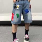 EMRG Shorts De Hombre De Corte Holgado En Jean Lavado Con Forro Polar Y Letras Bordadas