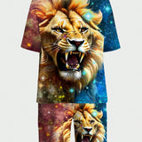 Manfinity LEGND Conjunto De Camiseta Y Pantalones Cortos Para Hombre De Tigre Estampado Con Bloques De Color Y Estrella En El Cielo Nocturno