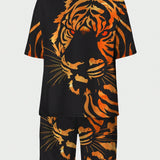 Manfinity LEGND Conjunto De Camiseta Y Pantalon Corto Para Hombre Con Estampado De Tigre Y Hombros Caidos