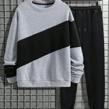 Manfinity Homme Men's Plus Size Contrast Color Fleece Pullover Sweatshirt And Solid Color Sweatpants Set