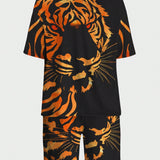Manfinity LEGND Conjunto De Camiseta Y Pantalon Corto Para Hombre Con Estampado De Tigre Y Hombros Caidos