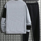 Manfinity Homme Men's Plus Size Contrast Color Fleece Pullover Sweatshirt And Solid Color Sweatpants Set