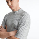 Manfinity Basics Camiseta De Manga Corta De Cuello Alto Y Diseno De Punto Acanalado En Color Solido Para Hombres