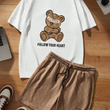 Manfinity Hypemode Conjunto De Camiseta De Manga Corta Con Eslogan Y Pantalones Cortos Con Estampado De Oso Para Hombre