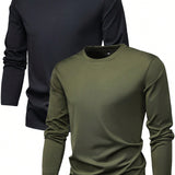 2 Piezas Camisa De Manga Larga Para Hombre De Ajuste Regular De Primavera Y Otono, Ropa Deportiva Casual Basica De Color Solido