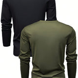 2 Piezas Camisa De Manga Larga Para Hombre De Ajuste Regular De Primavera Y Otono, Ropa Deportiva Casual Basica De Color Solido