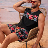 Manfinity RSRT Men's Plus Size Printed & Patchwork Tank Top With Heating Belt And Printed Shorts Casual 2pcs/Set