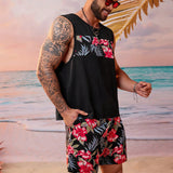 Manfinity RSRT Men's Plus Size Printed & Patchwork Tank Top With Heating Belt And Printed Shorts Casual 2pcs/Set