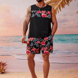 Manfinity RSRT Men's Plus Size Printed & Patchwork Tank Top With Heating Belt And Printed Shorts Casual 2pcs/Set