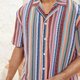 Manfinity VCAY Conjunto De Camisa Y Pantalon Casual Tejido Suelto Estilo Bohemio Con Rayas Para Hombres, Ideal Para Festivales De Musica Y Vacaciones