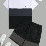 Manfinity Sporsity Conjunto De Camiseta Y Pantalones Cortos Para Hombre Con Impresion De Gaviota Y Bloques De Color