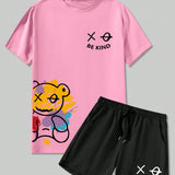 Manfinity Hypemode Conjunto De Camiseta De Manga Corta Y Pantalones Cortos De Talla Grande Para Hombres, Con Estampado De Oso Y Letras