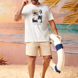Manfinity RSRT Camiseta Informal Con Estampado De Letras Y Arboles De Coco De Talla Grande Para Hombre Y Pantalones Cortos De Color Solido 2 Unids/set