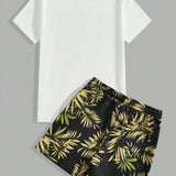 Manfinity Chillmode Conjunto De 2 Piezas: Camiseta Masculina Estampada De Remiendo Y Pantalones Cortos Con Cordon De Cintura Y Diseno Botanico