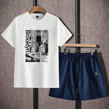 Manfinity Homme Conjunto De Camiseta De Manga Corta De Punto Con Eslogan Impreso Y Pantalones Cortos Para Hombre