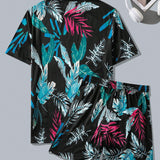 Manfinity RSRT Conjunto De Camiseta Y Pantalones Cortos Para Hombre Con Estampado Tropical Y De Letras