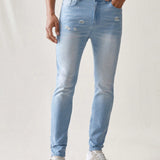 Manfinity UrbanChill Jeans De Mezclilla De Hombre Con Bolsillos, Casuales Y Desgastados, Azul Claro