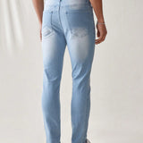 Manfinity UrbanChill Jeans De Mezclilla De Hombre Con Bolsillos, Casuales Y Desgastados, Azul Claro