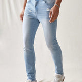 Manfinity UrbanChill Jeans De Mezclilla De Hombre Con Bolsillos, Casuales Y Desgastados, Azul Claro