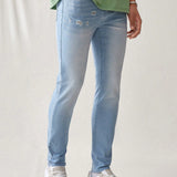 Manfinity UrbanChill Jeans De Mezclilla De Hombre Con Bolsillos, Casuales Y Desgastados, Azul Claro