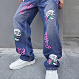 Manfinity EMRG Jeans De Pierna Ancha Con Estampado De Calavera Y Flor Para Hombres