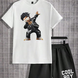 Manfinity EMRG Camiseta De Manga Corta Y Pantalones Cortos De Punto De Dibujos Animados Para Ninos, Conjunto Casual De 2 Piezas