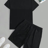 Manfinity Sporsity Conjunto De Camiseta Con Letras Estampadas Y Pantalones Cortos Con Cintura Ajustable Para Hombres En Bloque De Color