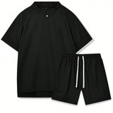 Men's Solid Color Stand Collar Waffle T-Shirt And Shorts Casual Suit