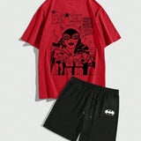 Batman X ROMWE Conjunto De Camiseta Grafica Y Shorts Con Figura De Hombre Caricatura Y Eslogan