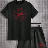 Manfinity LEGND Conjunto De 2 Piezas Casual Para Hombre, Camiseta Negra Con Estampado De Arana Y Pantalones Cortos De Punto