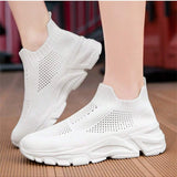 1 Par Zapatos Deportivos Tejidos Ligeros Y Transpirables Para Mujeres - Comodos Para Todo El Ano Y Color Solido Casual, Zapatillas Deportivas De Punto Con Diseno Similar A Calcetines Y Suela Gruesa Elegante