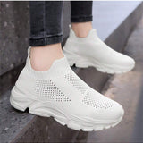 1 Par Zapatos Deportivos Tejidos Ligeros Y Transpirables Para Mujeres - Comodos Para Todo El Ano Y Color Solido Casual, Zapatillas Deportivas De Punto Con Diseno Similar A Calcetines Y Suela Gruesa Elegante