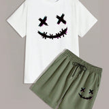Manfinity LEGND Conjunto De Camiseta Y Pantalones Cortos Con Impresion De Emoji Para Hombre, Para El Verano