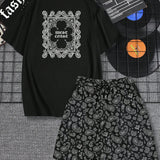 Conjunto de camiseta y pantalones cortos para hombre con estampado Paisley y de letras