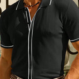 Camisa De Manga Corta Tejida De Bloque De Color Para Hombre Con Dobladillo Acanalado A Rayas Para La Primavera Y El Verano