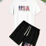 Conjunto De Camiseta De Manga Corta Y Shorts Para Hombres Con Impresion De Letra Y Elemento Americano