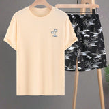 Manfinity RSRT Camiseta De Manga Corta Y Pantalones Cortos Con Estampado De Arboles De Coco Para Hombres Para Uso Casual De Verano