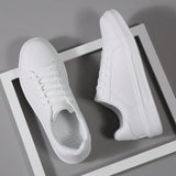 Zapatos Atleticos Casuales De Los Hombres Con Punta Redonda, Cordones, Suela Suave, En Blanco, PU Superior, Zapatillas De Corte Bajo Para Primavera Y Otono