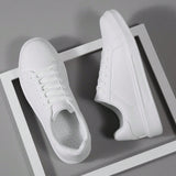 Zapatos Atleticos Casuales De Los Hombres Con Punta Redonda, Cordones, Suela Suave, En Blanco, PU Superior, Zapatillas De Corte Bajo Para Primavera Y Otono