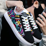 Hombres Zapatos casuales para skateboard comodos de lona con cordones, diseno de graffiti colorido y moderno