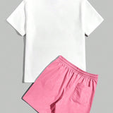 Manfinity Hypemode Conjunto de dos piezas de camiseta casual de manga corta tejida y pantalones cortos con cordon