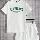Manfinity Sporsity Conjunto de verano de camiseta de manga corta y shorts para hombres tejido en color blanco y estampado con letras
