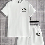 Manfinity Hypemode Conjunto blanco de camiseta de manga corta y pantalones cortos para hombre tejido