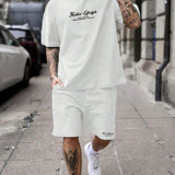 Manfinity Hypemode Conjunto de dos piezas blancas de verano informales de punto para hombres con camiseta de manga corta con eslogan impreso y pantalones cortos