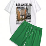 Manfinity LEGND Conjunto de camiseta de manga corta con estampado de paisaje urbano y letras y pantalones cortos para hombres, para usar en verano