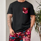 Manfinity Homme Conjunto casual de dos piezas para hombre con camiseta de manga corta de talla grande con estampado floral, parche y bolsillo, y pantalones cortos