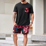 Manfinity Homme Conjunto casual de dos piezas para hombre con camiseta de manga corta de talla grande con estampado floral, parche y bolsillo, y pantalones cortos