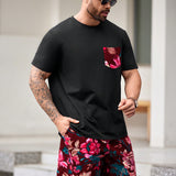 Manfinity Homme Conjunto casual de dos piezas para hombre con camiseta de manga corta de talla grande con estampado floral, parche y bolsillo, y pantalones cortos